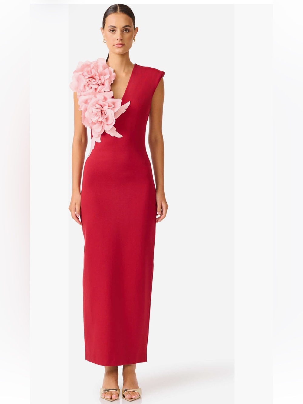 elliatt zahara red & pink 3d flower detail maxi gown dress medium